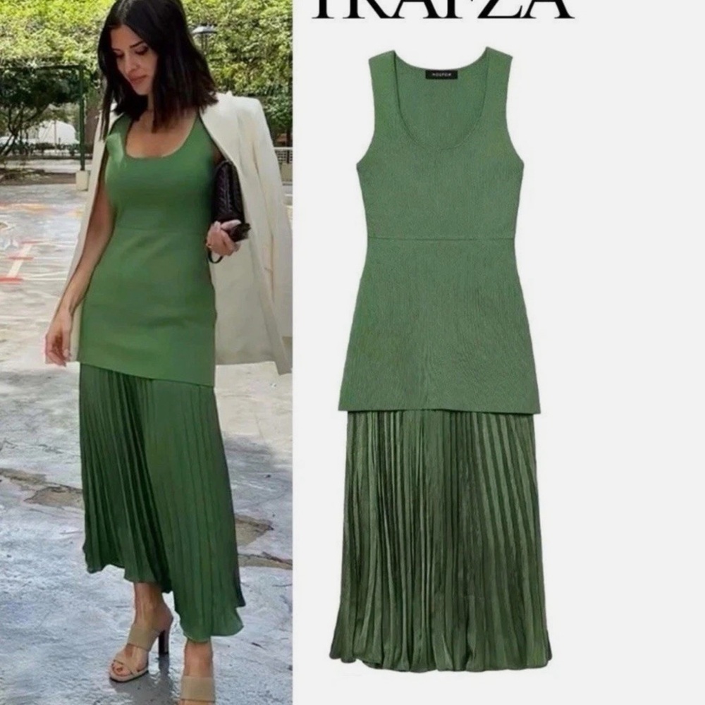 Zara‎ Green Sleeveless Pleated Knit Combination Dress Size L NWT Bloggers’ Fav!